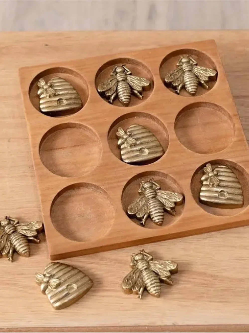 Brass Bee & Beehive Tic Tac Toe Game with Wooden Holder